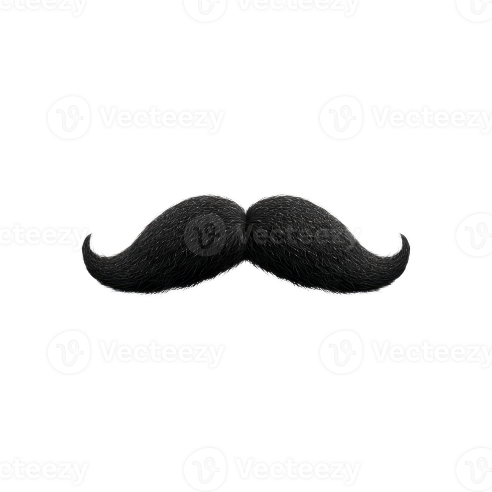 Black, bushy mustache with classic curled design is centered on transparency background, evoking vintage and playful style png