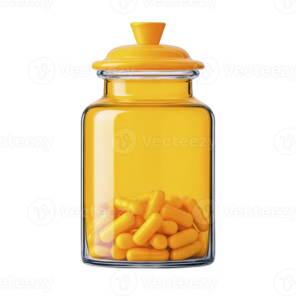 Clear glass jar with yellow lid is filled with bright yellow capsules, creating vibrant and eye catching display. jar simple design highlights colorful contents png
