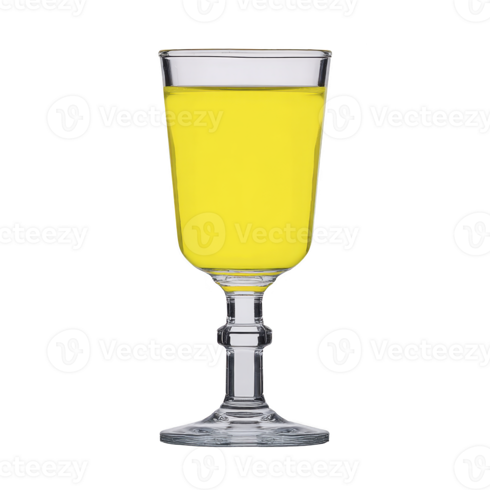 Clear glass goblet filled with vibrant yellow liquid stands against plain background, showcasing its elegant design and bright color png