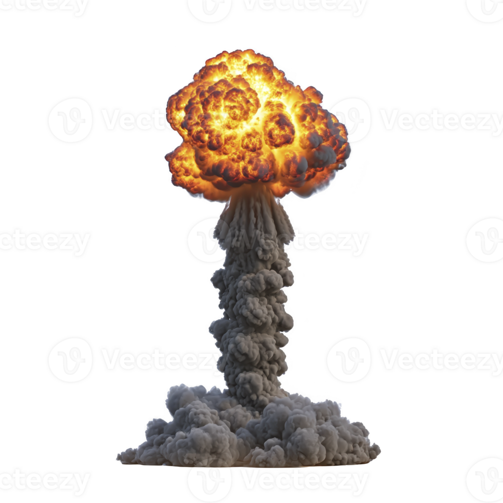 Powerful explosion with fiery mushroom cloud rises dramatically against clear background, showcasing intense flames and billowing smoke png