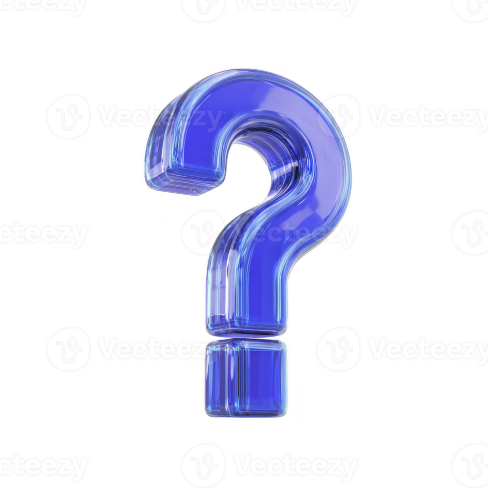 Shiny blue glass question mark stands out against transparent background, symbolizing curiosity and inquiry. reflective surface adds modern and sleek touch to design png