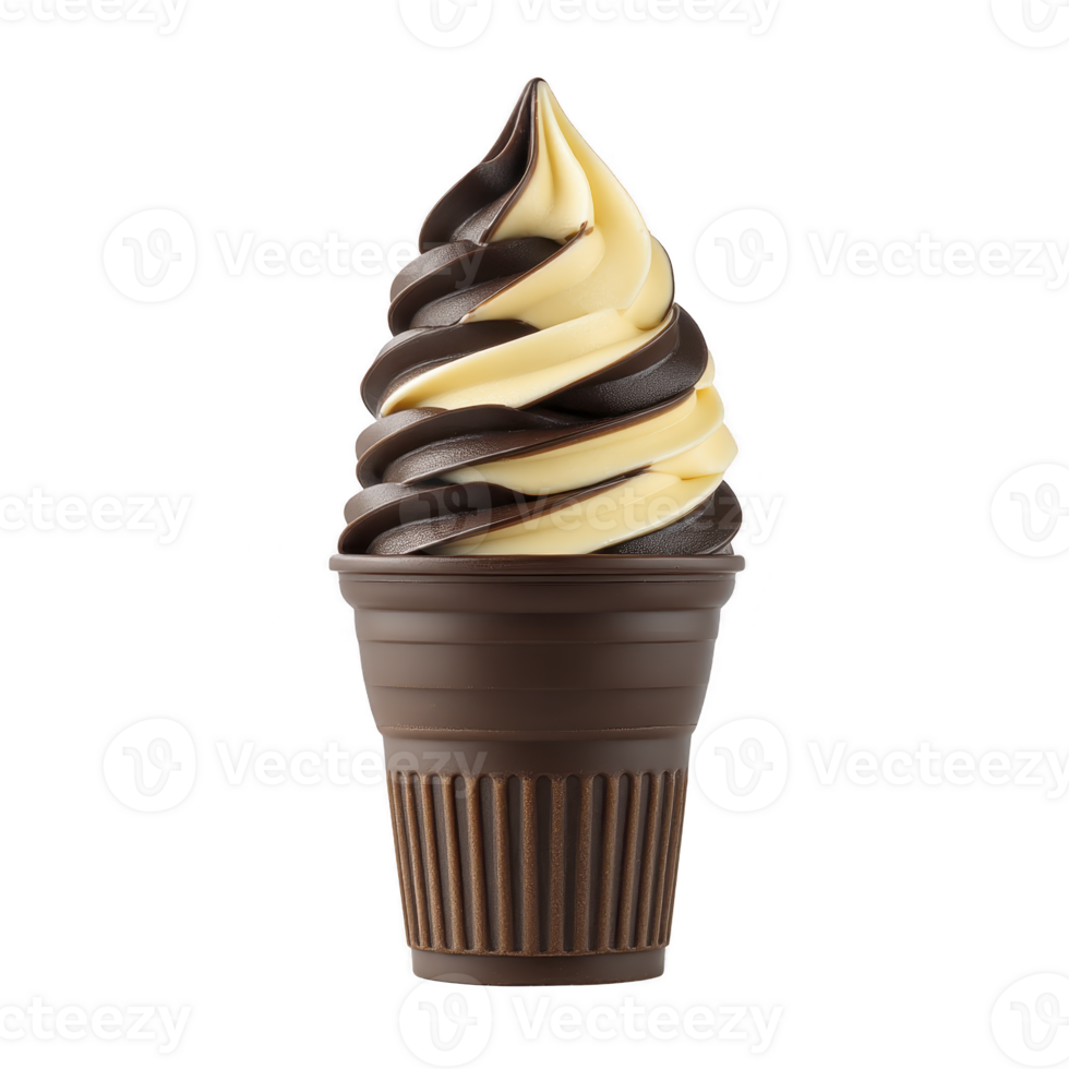 Creamy vanilla and rich chocolate soft serve ice cream swirl in chocolate cone, creating delightful treat. smooth texture and contrasting flavors offer perfect indulgence png