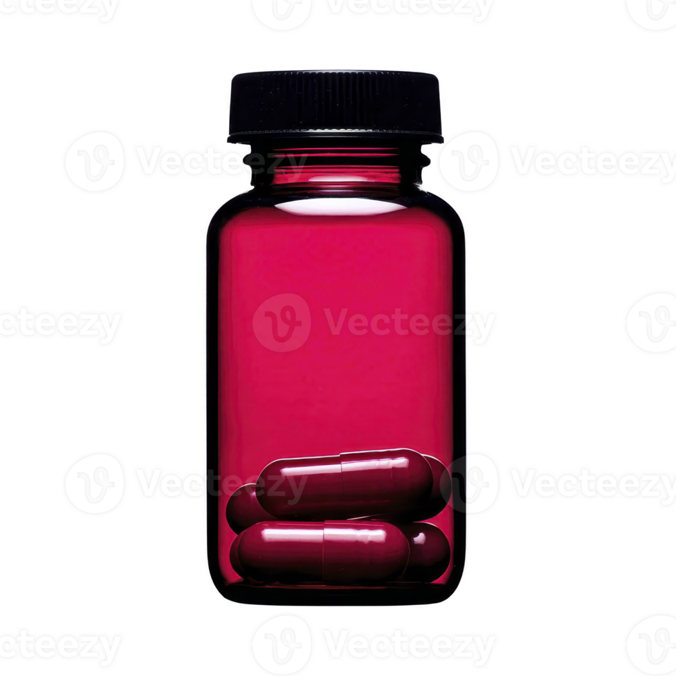 Clear glass bottle containing red capsules is displayed against transparency background, highlighting vibrant color of pills. bottle is sealed with black cap, suggesting it is unopened png