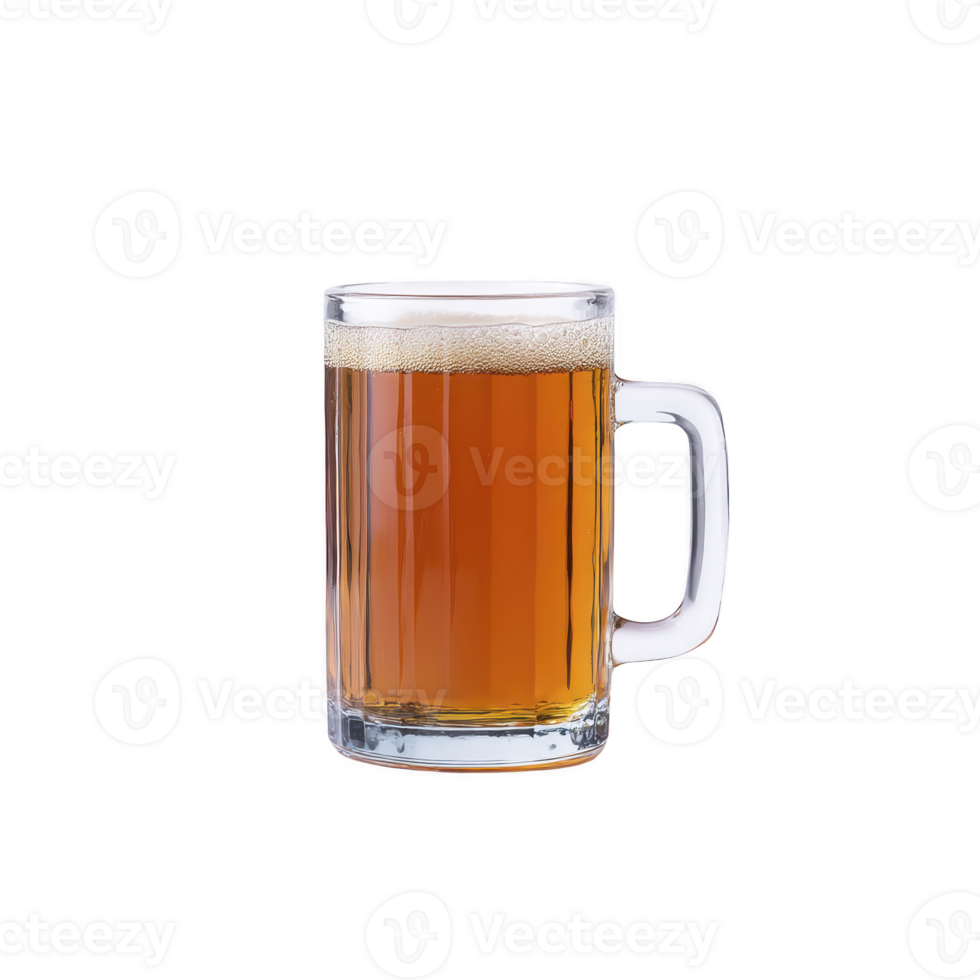 Frothy mug of amber beer sits against plain background, showcasing its rich color and inviting appearance. glass mug highlights beverage clarity and effervescence png