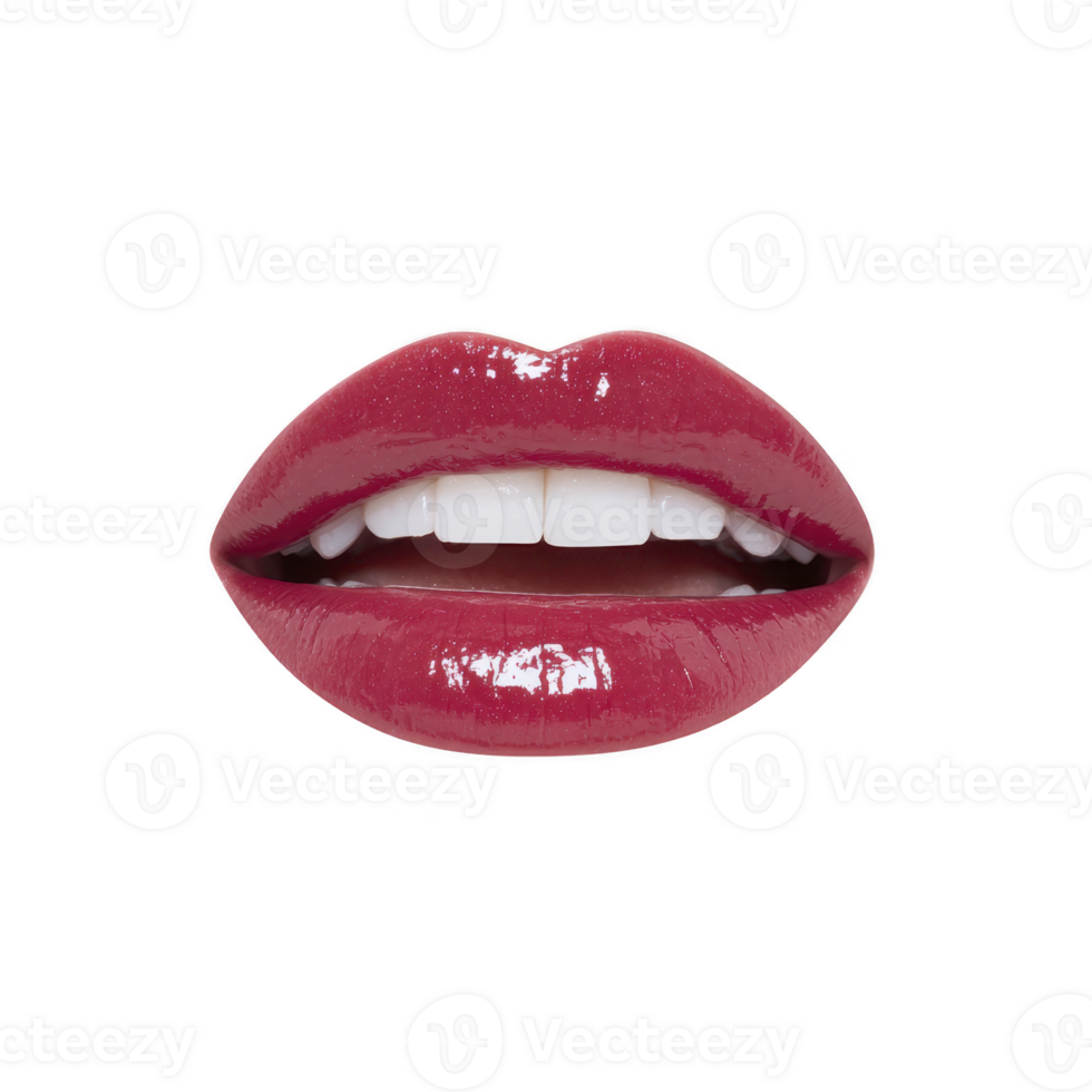 Glossy red lips with bright smile, showcasing white teeth against transparency background. vibrant lipstick adds bold and glamorous touch, emphasizing beauty and confidence png