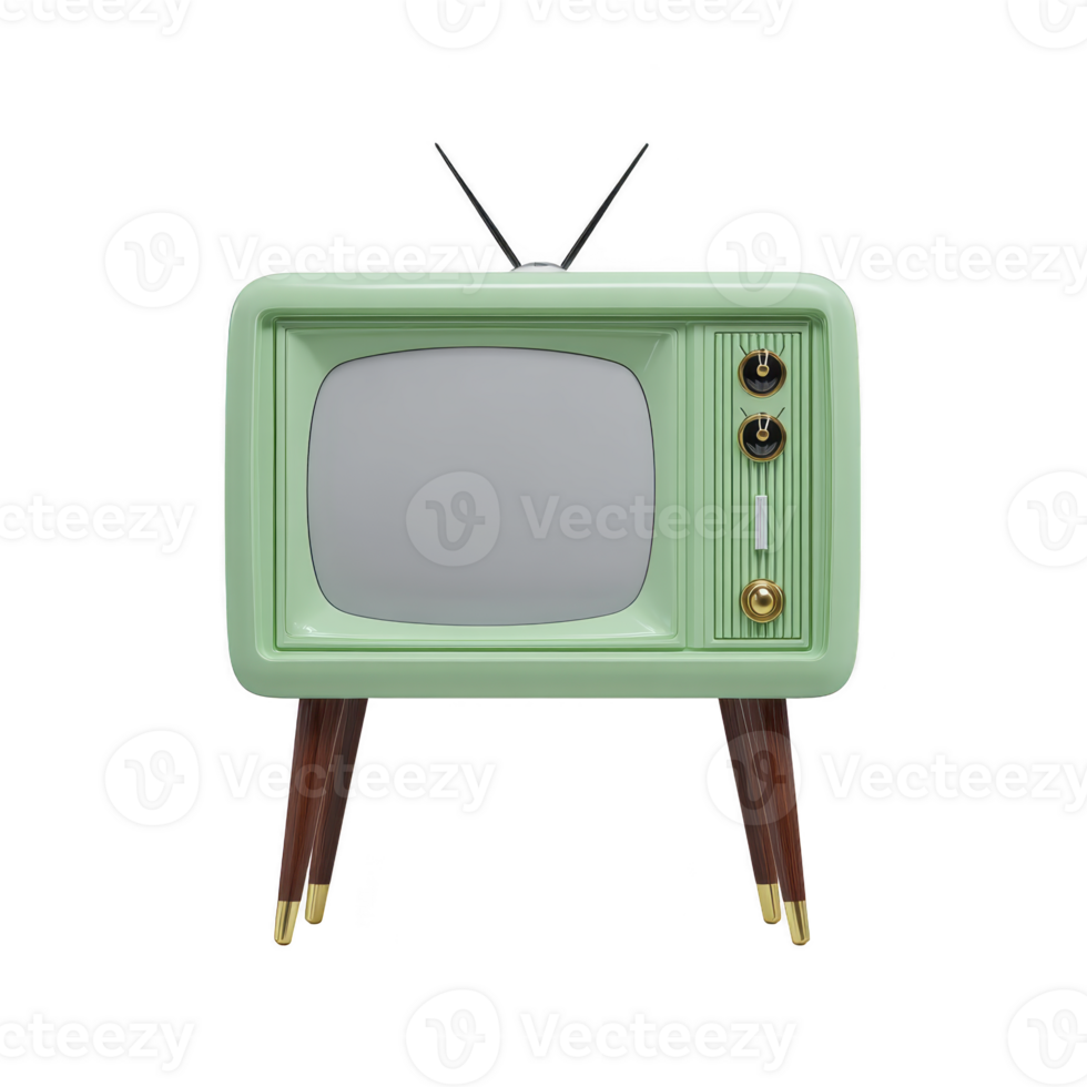 Vintage green television with wooden legs and retro design evokes nostalgia. classic style features rounded screen and manual dials, reminiscent of mid 20th century aesthetics png