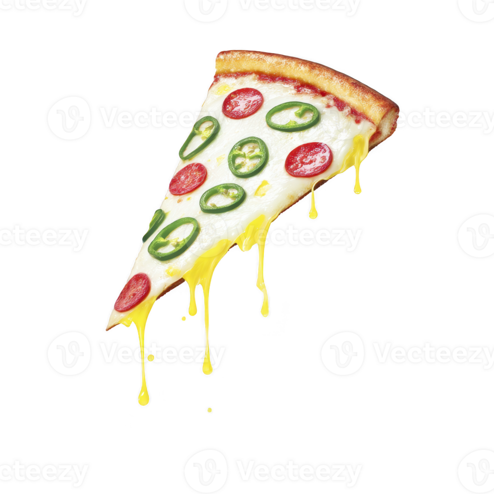 Slice of pizza with melted cheese, pepperoni, and jalapeno slices dripping with cheese. vibrant toppings create mouthwatering and spicy appearance png
