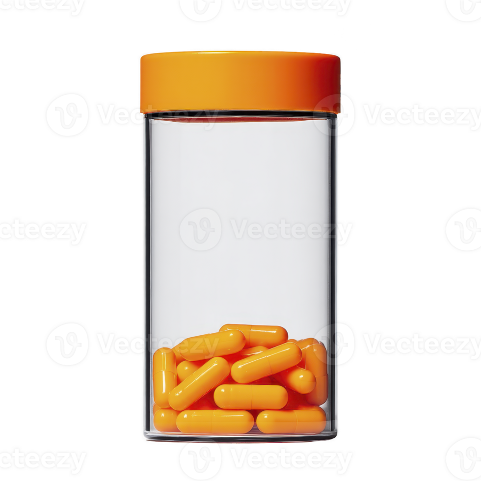 Clear glass jar with orange lid contains several orange capsules, suggesting modern and organized approach to storing supplements or medication png