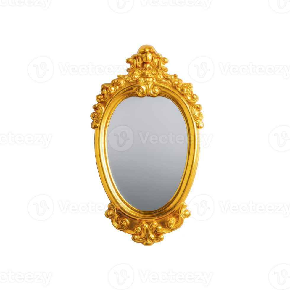 Ornate oval mirror with intricate gold frame, featuring elaborate scrollwork and floral motifs, exudes elegance and luxury. reflective surface is clear and polished png