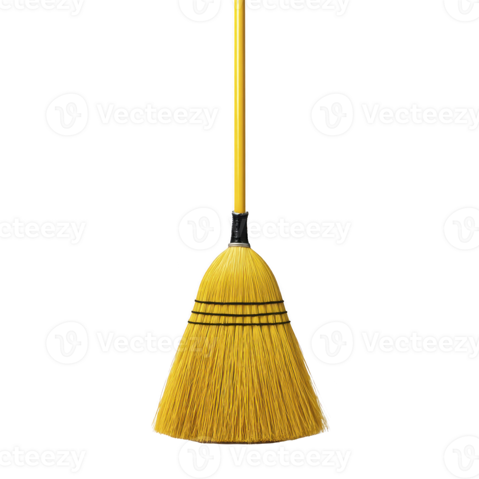 Yellow broom with long handle and bristles is designed for efficient cleaning. bright color adds cheerful touch to household chores, making it both functional and visually appealing png