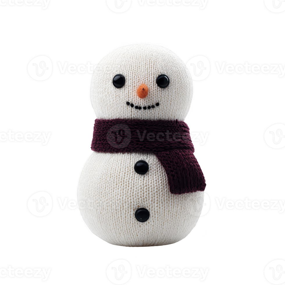 Cute knitted snowman with cheerful expression, wearing dark purple scarf and featuring button eyes and carrot nose, perfect for winter decor png