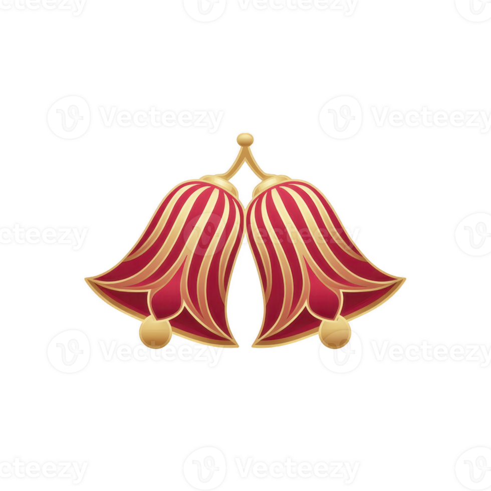 Pair of stylized red and gold bells with decorative pattern, evoking festive and elegant feel. design features smooth curves and glossy finish, ideal for holiday themes png