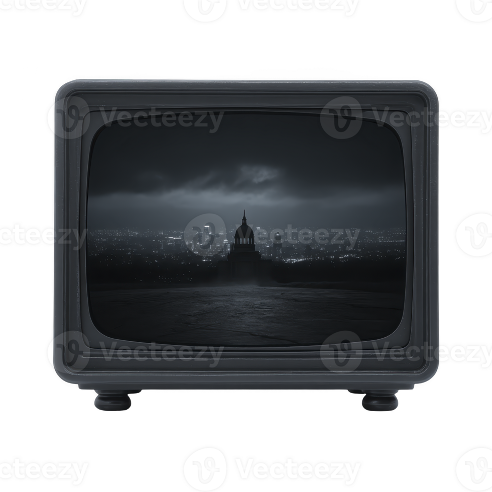 Vintage television displays moody black and white cityscape with prominent dome structure under cloudy night sky. scene evokes sense of nostalgia and mystery png