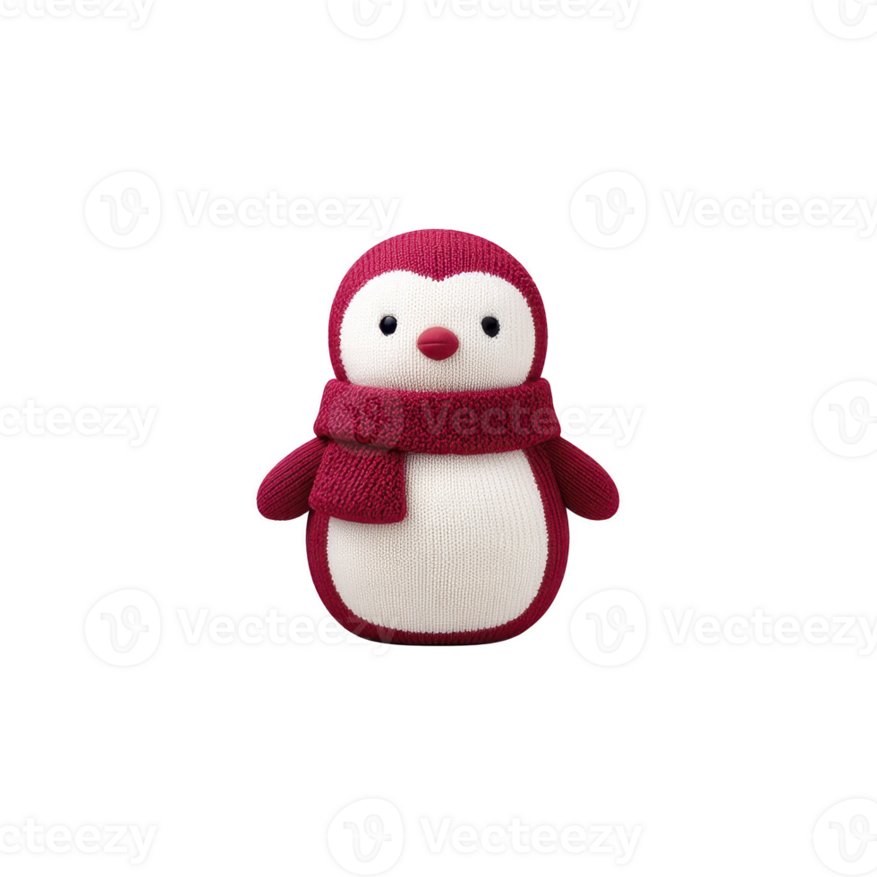 Cute knitted penguin toy wearing red scarf stands against transparency background, showcasing its charming design and soft texture. Perfect for children play or as decorative piece png