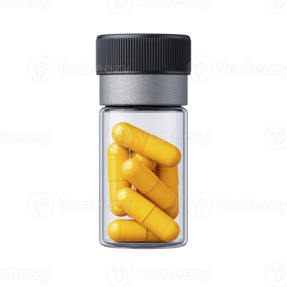 Small transparent glass bottle with black cap contains several bright yellow capsules. capsules are neatly arranged, showcasing their vibrant color and smooth texture png