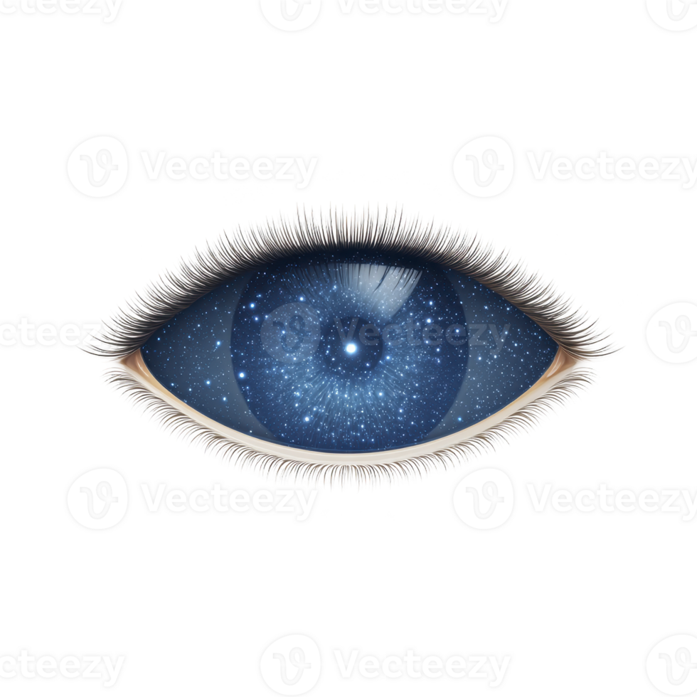 Surreal image of eye with galaxy inside iris, symbolizing imagination and cosmic vision. eyelashes are detailed, enhancing mystical and dreamlike quality of artwork png