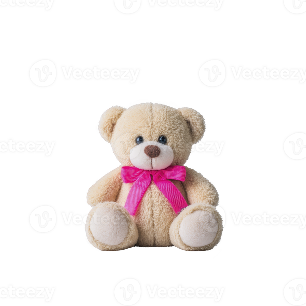 Cute teddy bear with pink bow sits against plain background, exuding warmth and comfort. plush toy is perfect for children and collectors alike png