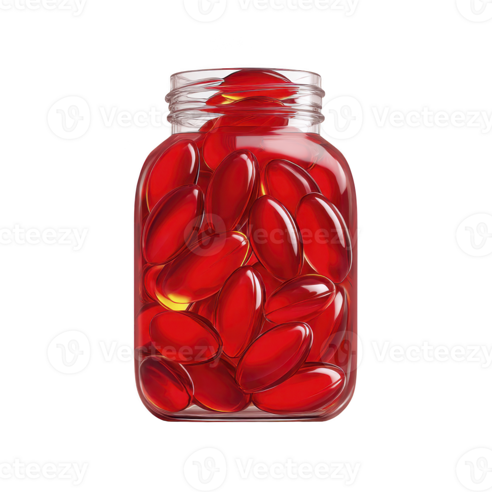 Clear jar filled with vibrant red capsules, showcasing glossy finish, is displayed against plain background. capsules are neatly arranged, highlighting their smooth texture and rich color png