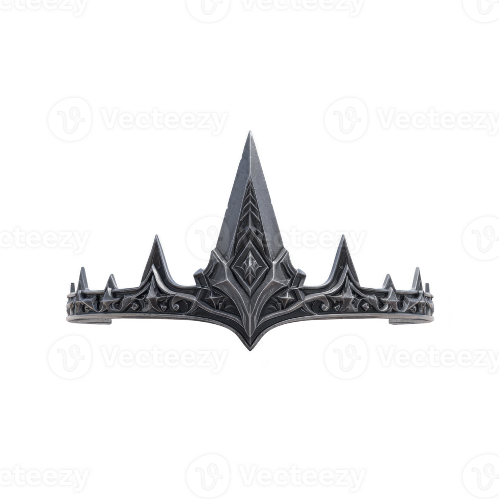 Detailed, ornate black crown with sharp, pointed edges and intricate designs, evoking sense of power and elegance. crown dark color and elaborate patterns suggest regal and mysterious aura png