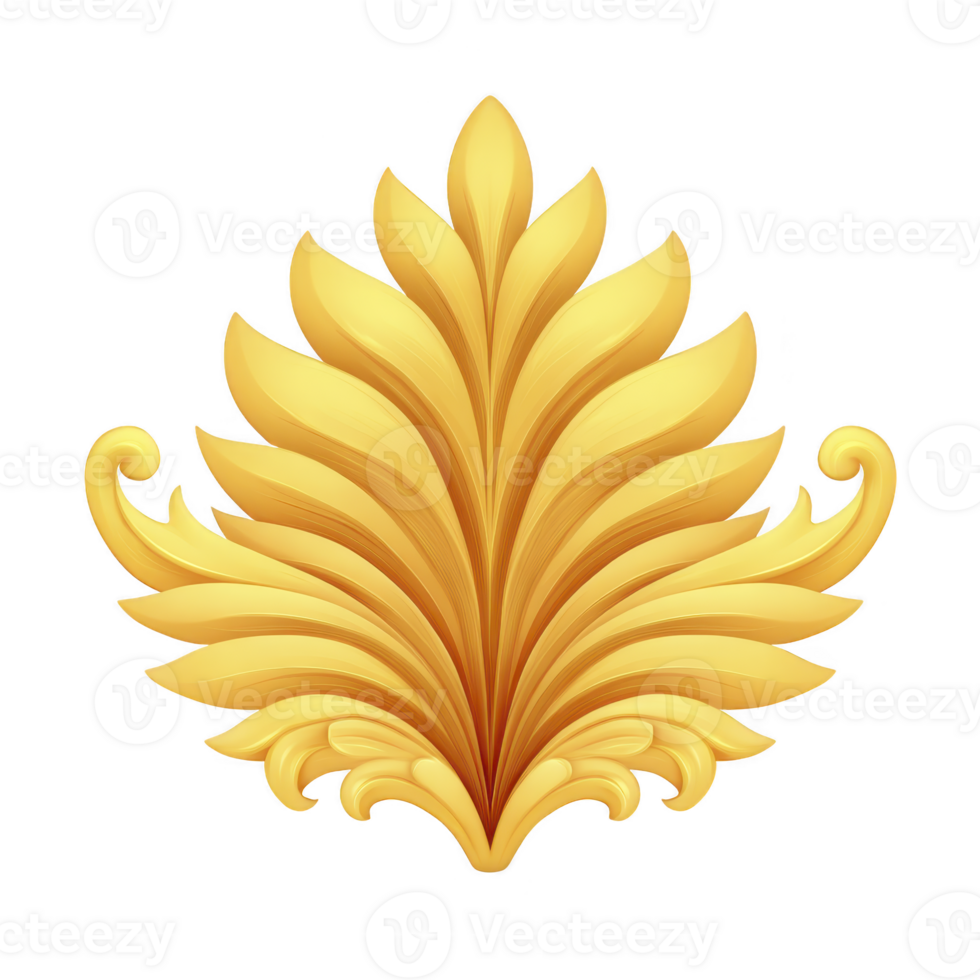 Ornate golden leaf design with intricate details and symmetrical pattern, often used in decorative art and design. elegant curves and rich color evoke sense of luxury and sophistication png