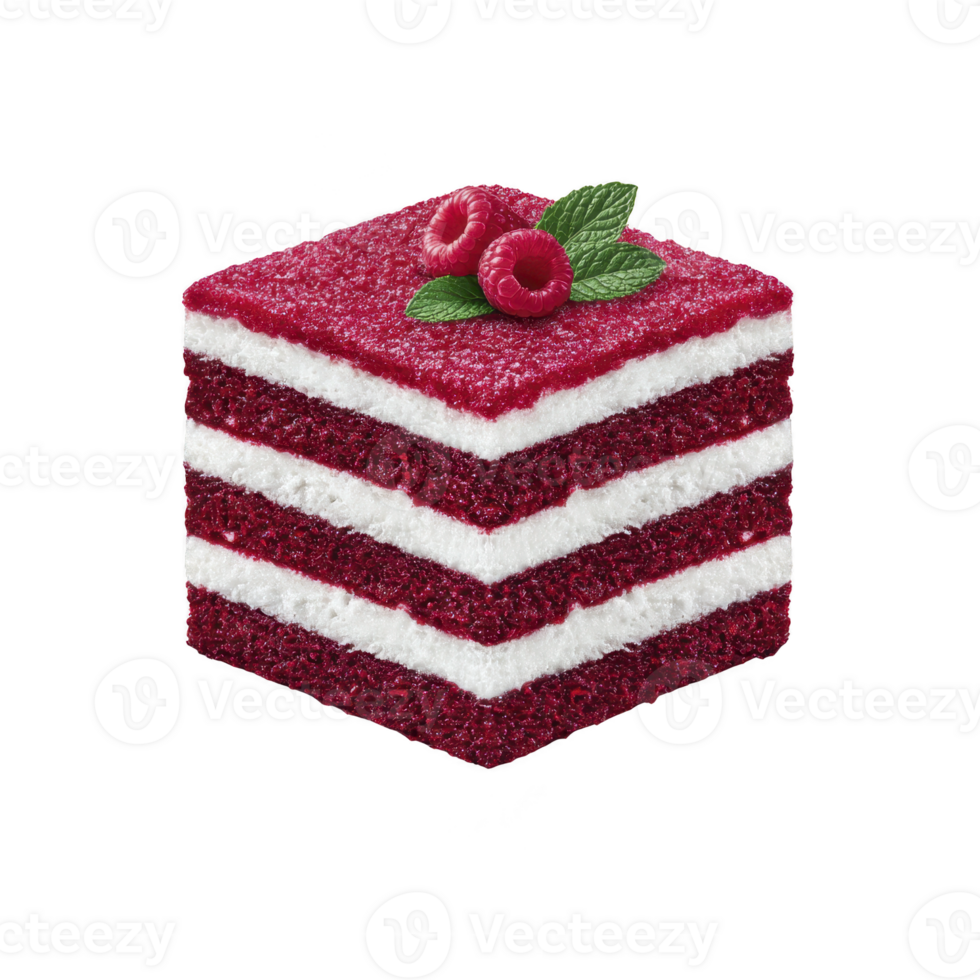 Slice of vibrant red velvet cake with creamy white layers is topped with fresh raspberries and mint leaves, creating visually appealing and delicious dessert png