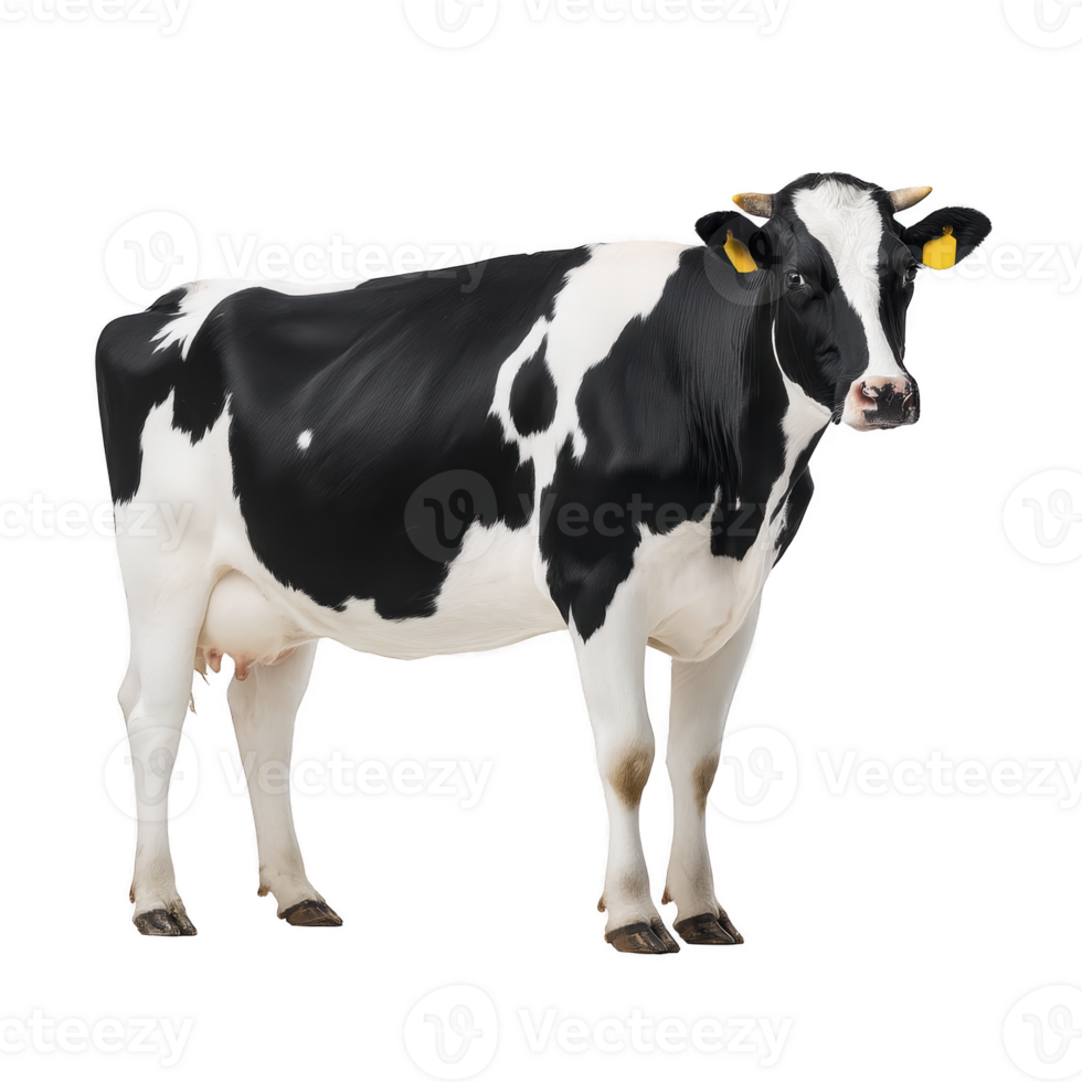 Black and white Holstein cow stands facing forward, showcasing its distinctive markings and yellow ear tags. cow calm demeanor is evident in its relaxed posture png