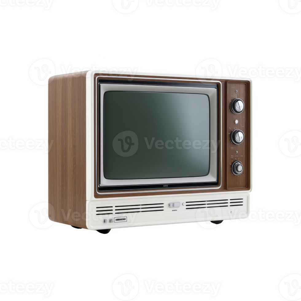 Vintage television with wooden frame and retro design evokes nostalgia. TV features classic screen and manual dials, reminiscent of mid 20th century home entertainment png