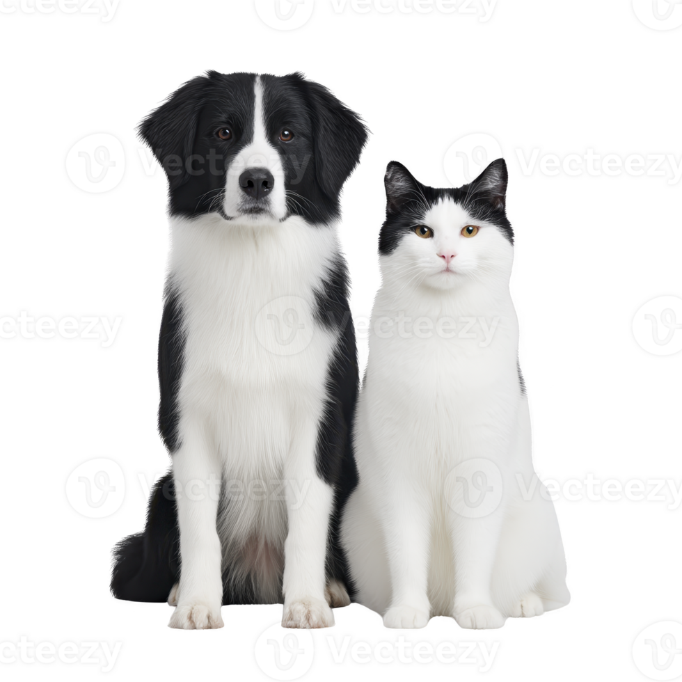 Black and white dog sits next to black and white cat, both looking directly at camera with calm expressions. background is plain, highlighting animals png