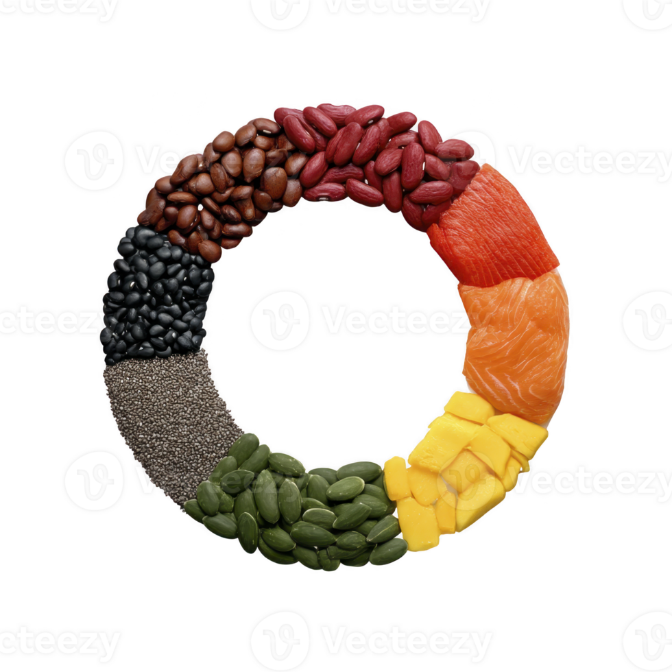 Colorful circle of various foods including beans, seeds, salmon, and mango, arranged in rainbow pattern, symbolizing health and nutrition png