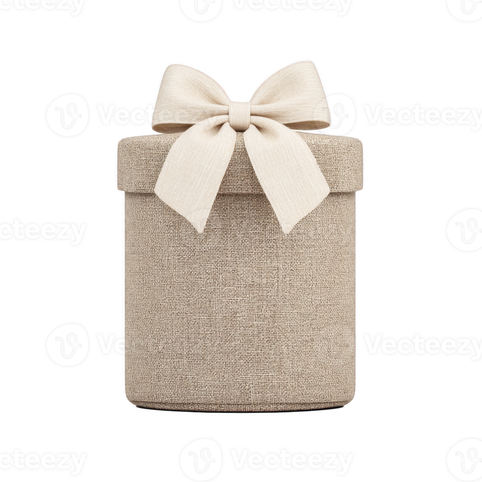 Beige cylindrical gift box with textured fabric surface is adorned with large, elegant bow on top, creating sophisticated and festive appearance png