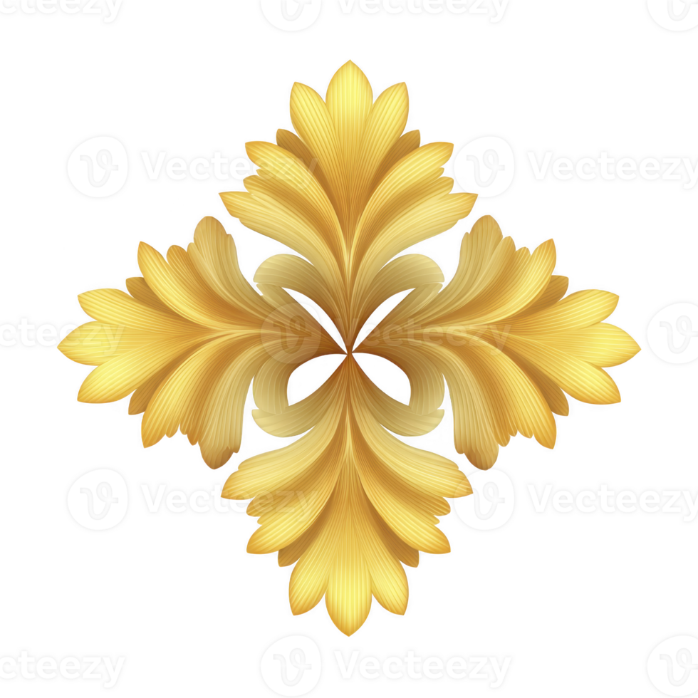 Golden ornamental design with intricate leaf patterns, creating symmetrical and elegant motif. design features luxurious and decorative style, perfect for embellishments png