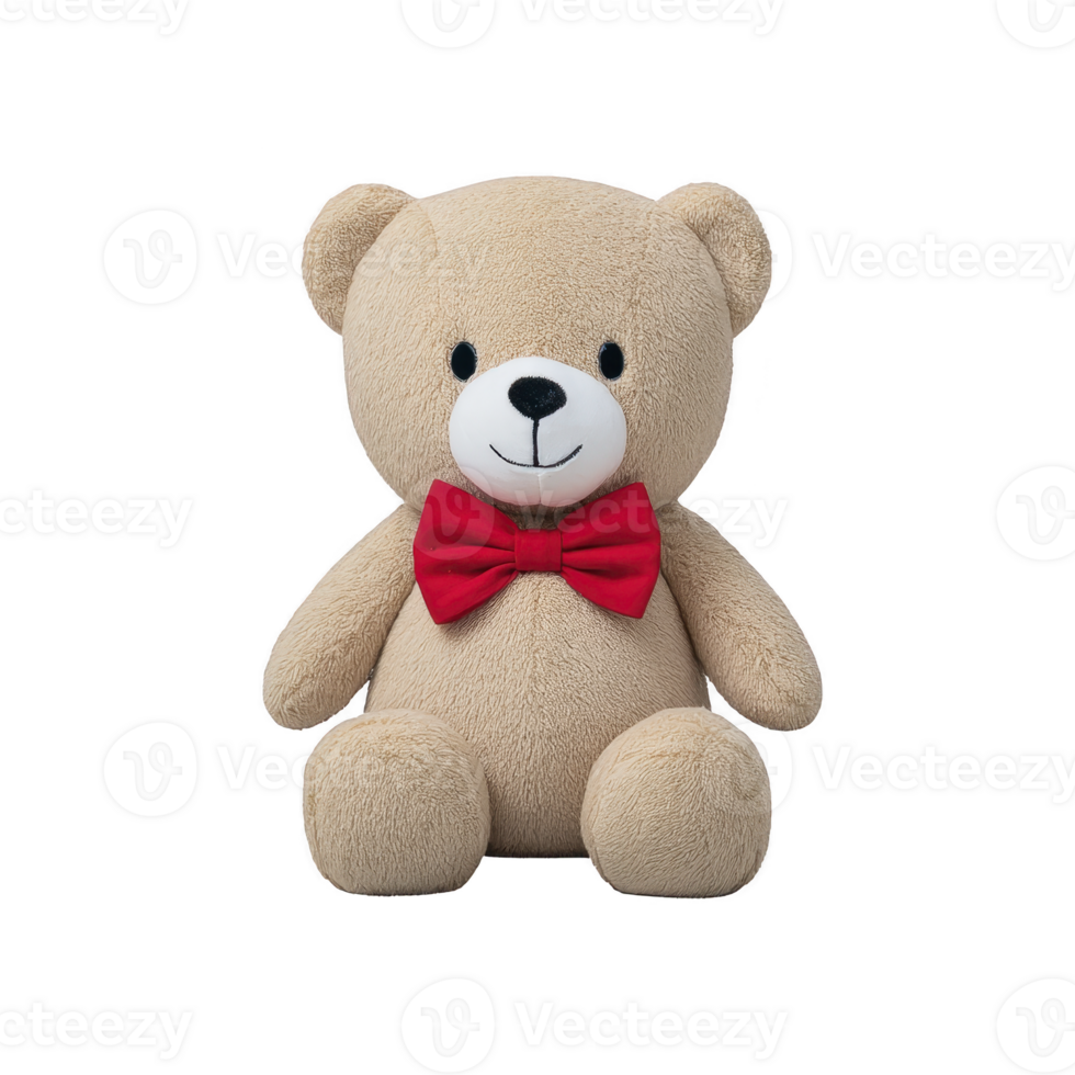 Cute teddy bear with red bow tie sits against plain background, showcasing its soft texture and friendly expression. Perfect for gifts or children decor png