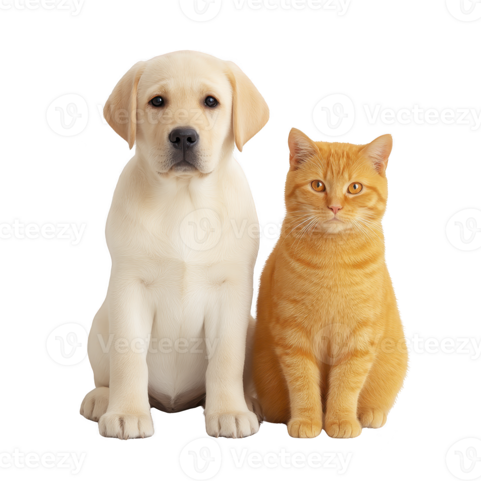 Cute Labrador puppy and orange tabby cat sit side by side, showcasing their adorable companionship. puppy soft fur contrasts with cat sleek coat, creating heartwarming scene png