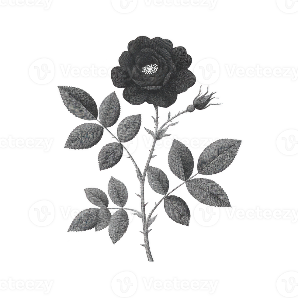 Detailed black and white illustration of rose with leaves and bud, showcasing intricate shading and texture. monochrome design highlights elegance and beauty of flower png