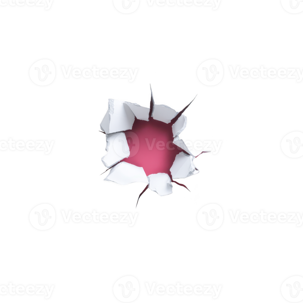Jagged hole is torn through white surface, revealing vibrant pink background. edges of hole are sharp and irregular, creating dramatic contrast png