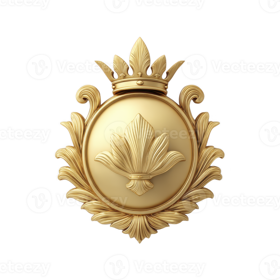 Golden emblem featuring crowned floral design with intricate leaf patterns, symbolizing elegance and royalty. ornate details and luxurious appearance convey sense of prestige and sophistication png