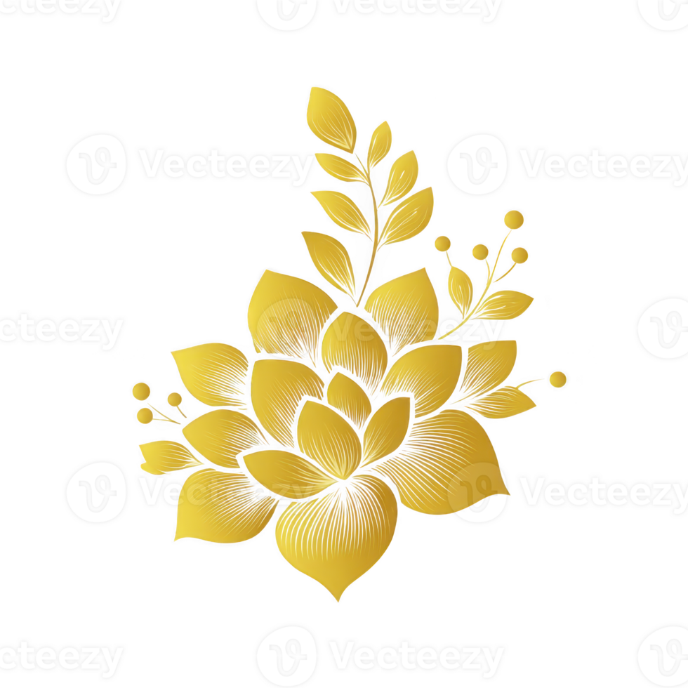 Golden floral design with intricate leaves and petals, featuring symmetrical arrangement. elegant pattern showcases blend of modern and traditional styles, perfect for decorative purposes png
