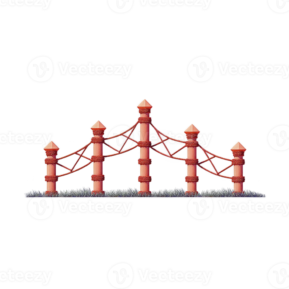 Decorative red fence with pointed posts and crisscrossed ropes stands on grassy base, creating charming and rustic appearance. design is both functional and aesthetically pleasing png