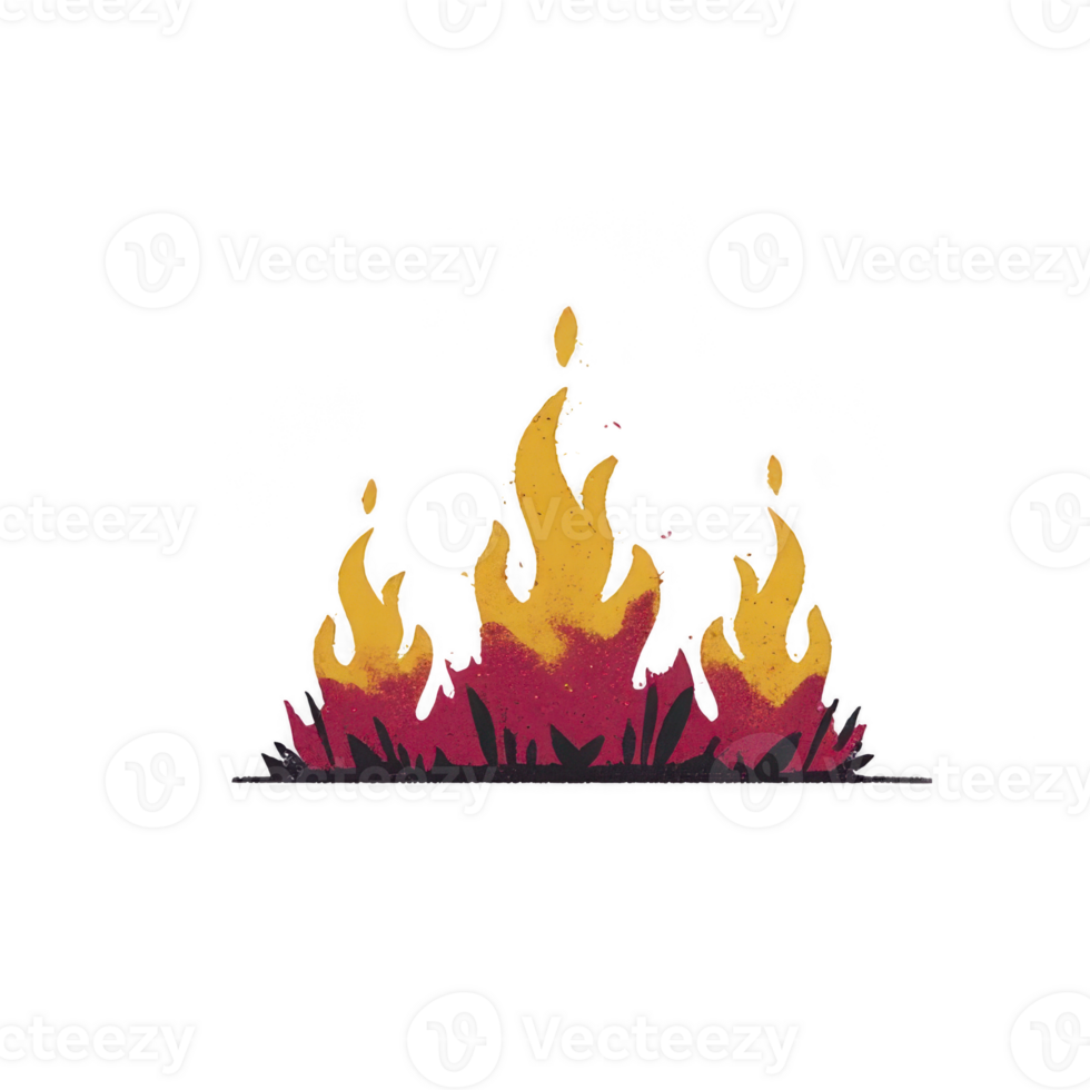 Stylized illustration of campfire with vibrant yellow and orange flames rising from red embers, set against transparent background. design is simple and artistic, evoking warmth and coziness png