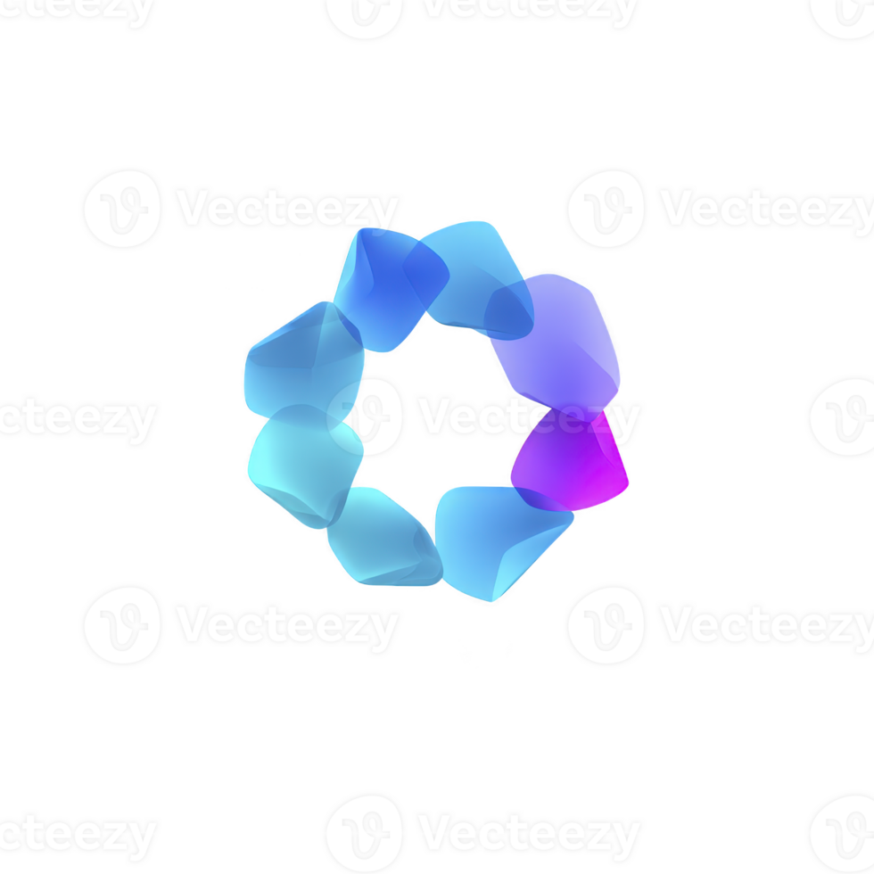 Circular arrangement of abstract, translucent shapes in shades of blue and purple creates modern, artistic design. gradient colors blend seamlessly, forming visually appealing pattern png