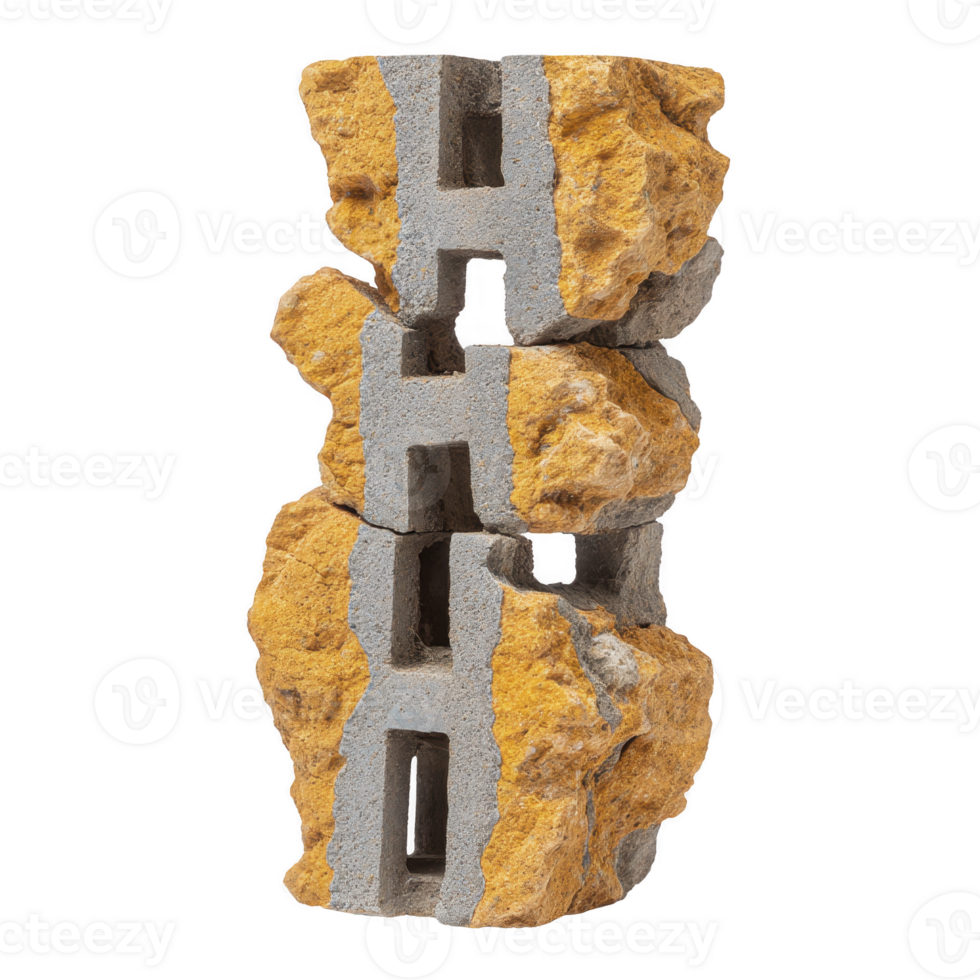 Stack of three concrete blocks with rough, broken texture, each featuring letter H cutout, creating industrial and artistic appearance png