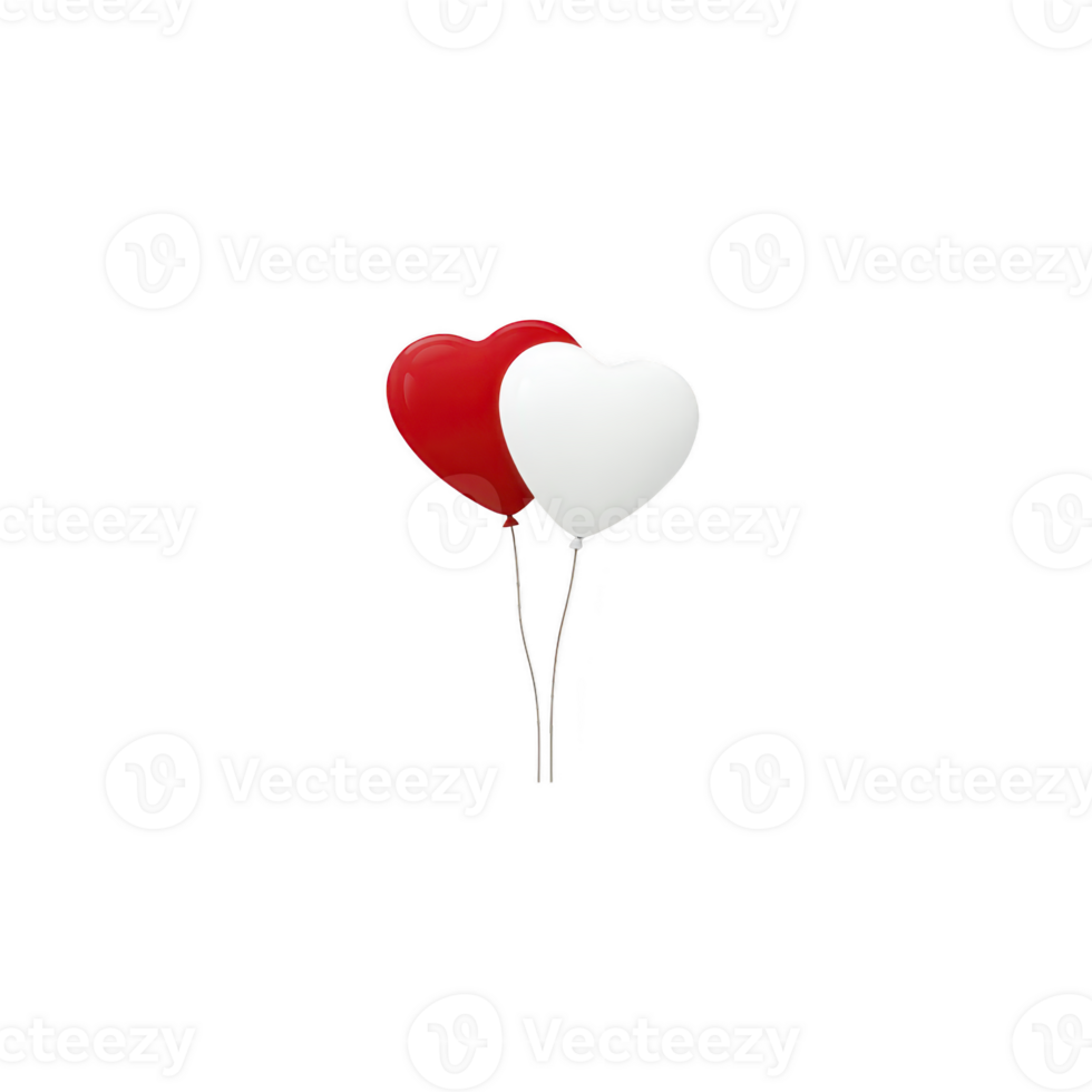 Two heart shaped balloons, one red and one white, float together on strings, symbolizing love and celebration. simple and joyful design evokes feelings of romance and happiness png