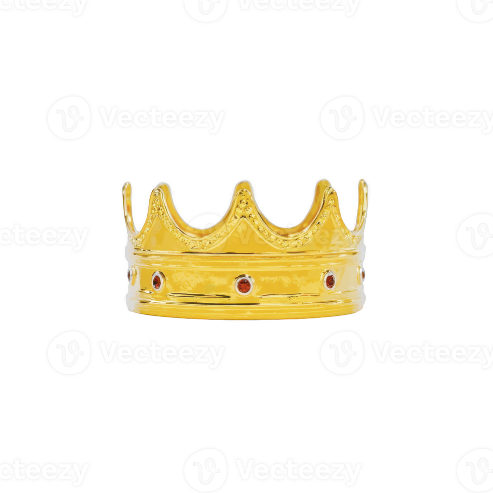 Shiny golden crown with red gemstones, symbolizing royalty and power, isolated on transparency background. crown features classic design with pointed arches and intricate detailing png