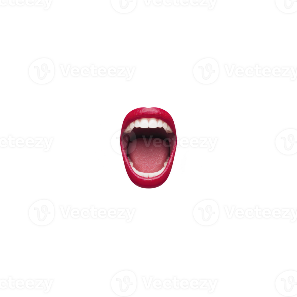Vibrant image of open mouth with red lips and white teeth, isolated on transparency background, creates bold and expressive visual png