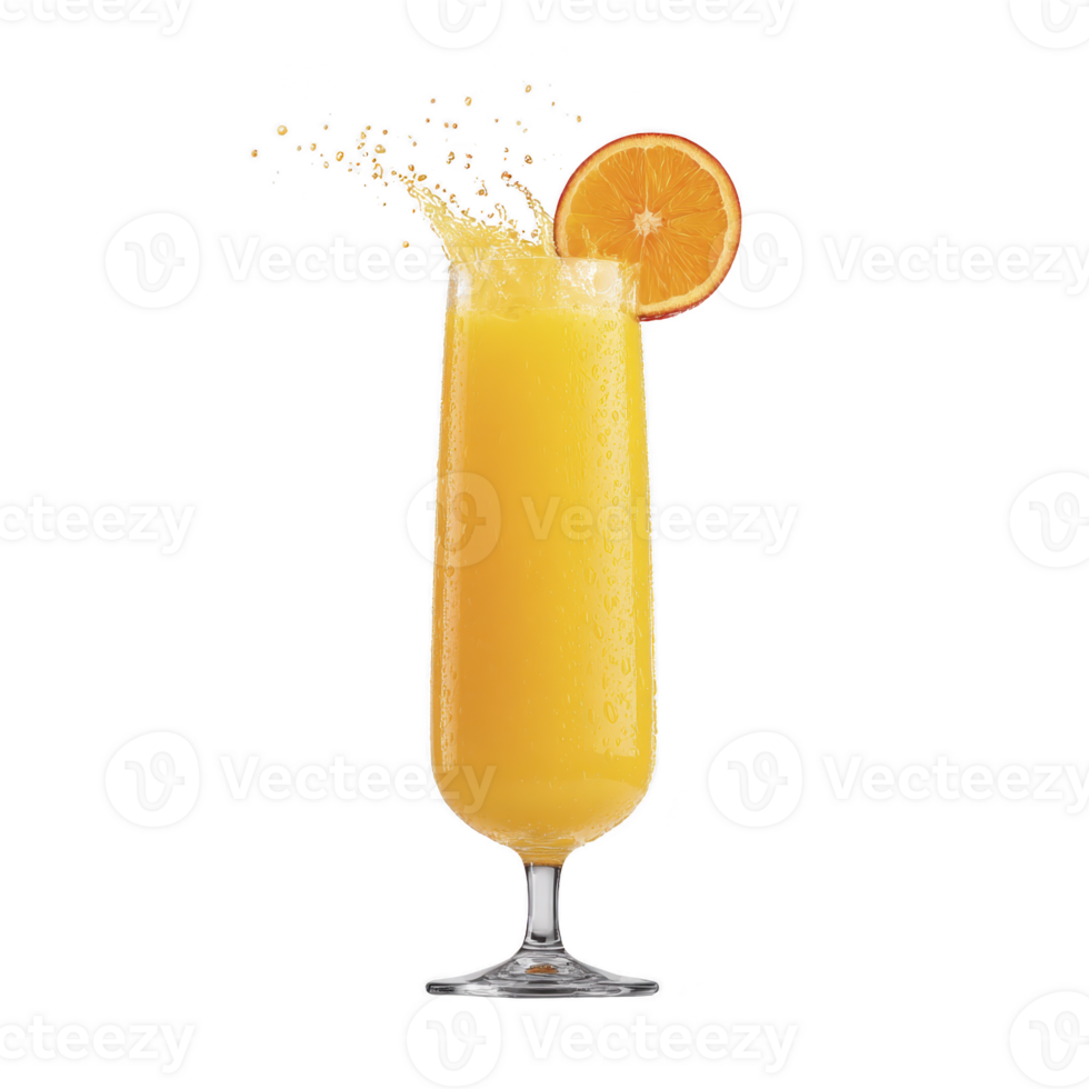 Refreshing glass of orange juice splashes with slice of orange on rim, showcasing vibrant citrus colors and effervescence. Perfect for fresh start to day png