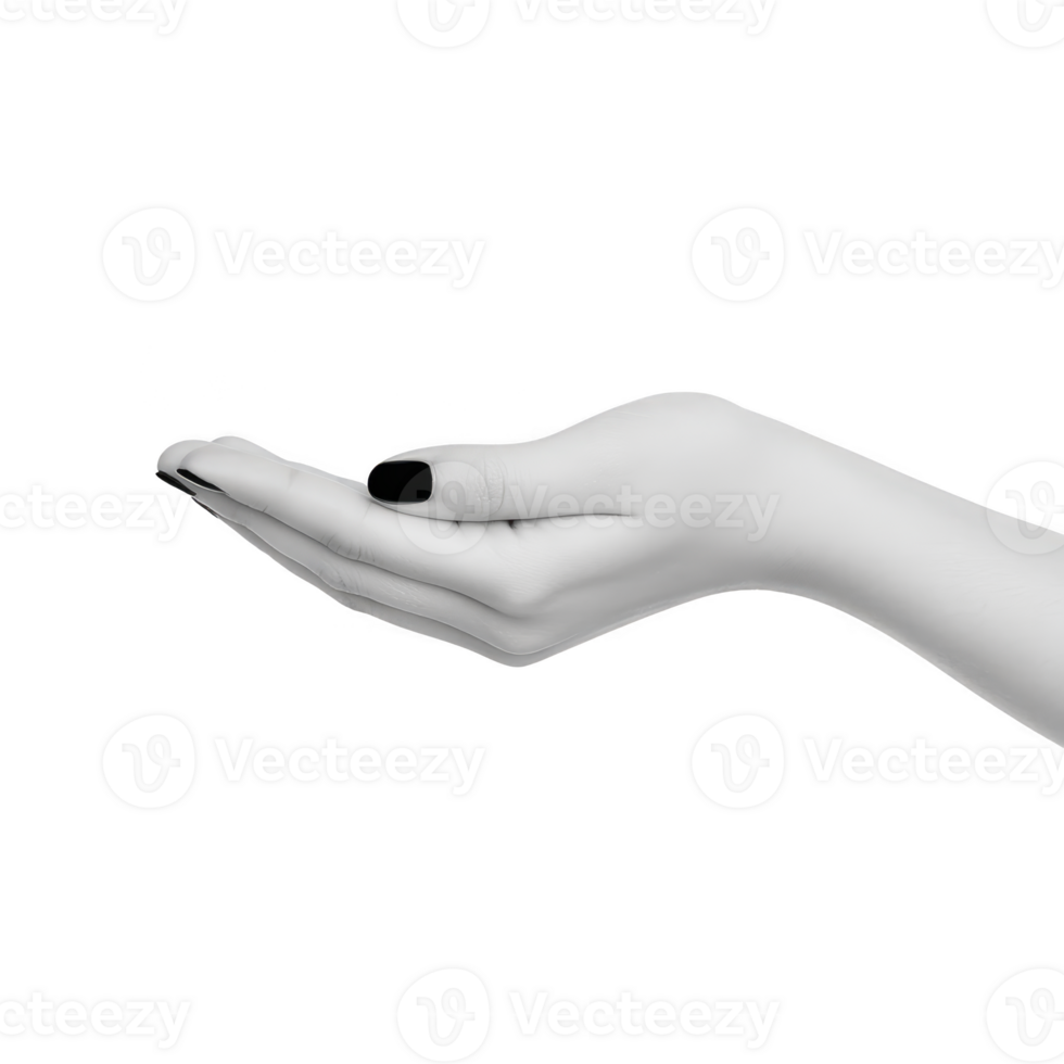 Monochrome image of open hand with black nail polish on transparency background, symbolizing offering or receiving. minimalist style emphasizes simplicity and elegance png