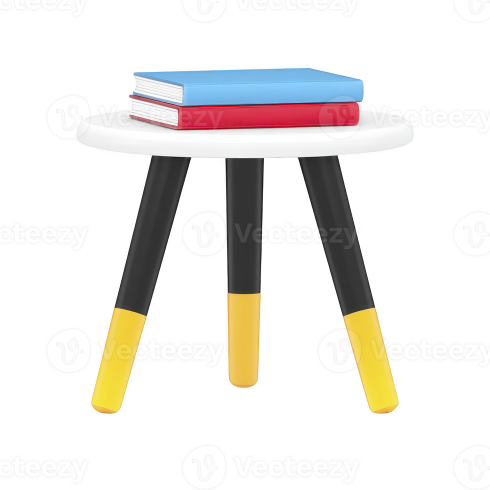 Small round table with white top and black legs featuring yellow tips, holding two stacked books, one blue and one red, creating modern and colorful decor piece png