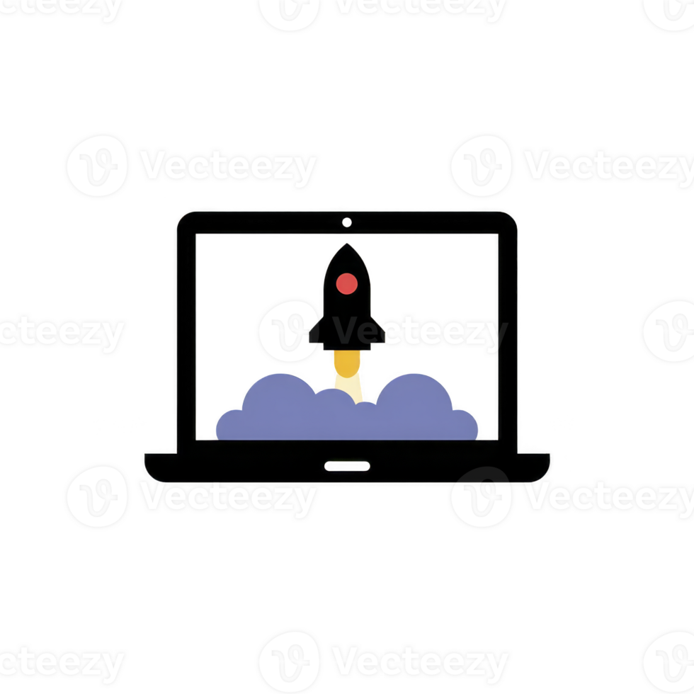 Rocket launching from laptop screen symbolizes innovation and technology. image conveys sense of progress and digital advancement, with focus on creativity and futuristic ideas png