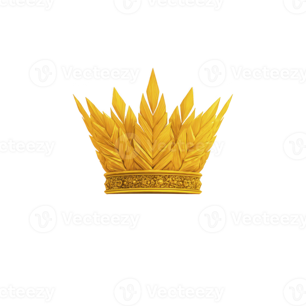 Golden crown with intricate leaf patterns symbolizes royalty and elegance. detailed design and vibrant gold color evoke sense of luxury and power, making it striking emblem of authority png