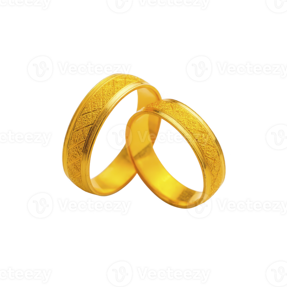 Two intricately designed gold rings with textured pattern symbolize love and commitment. elegant craftsmanship and warm golden hue make them perfect for weddings or anniversaries png